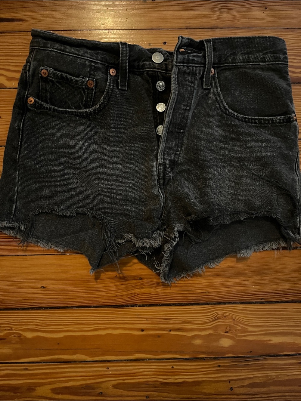 Levi 501s Black Washed High-Rise Button-Fly Denim Shorts